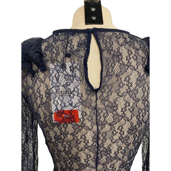 Zara Navy Lace Ruffle Long Sleeve Blouse S - Picture 7 of 10